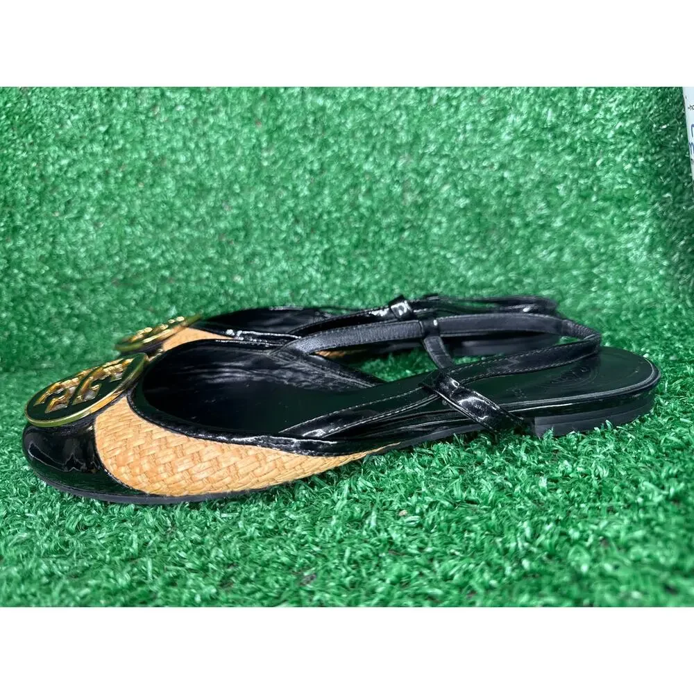 Tory Burch Randy Slingback Flats Black Patent Straw Logo Women’s Size 7